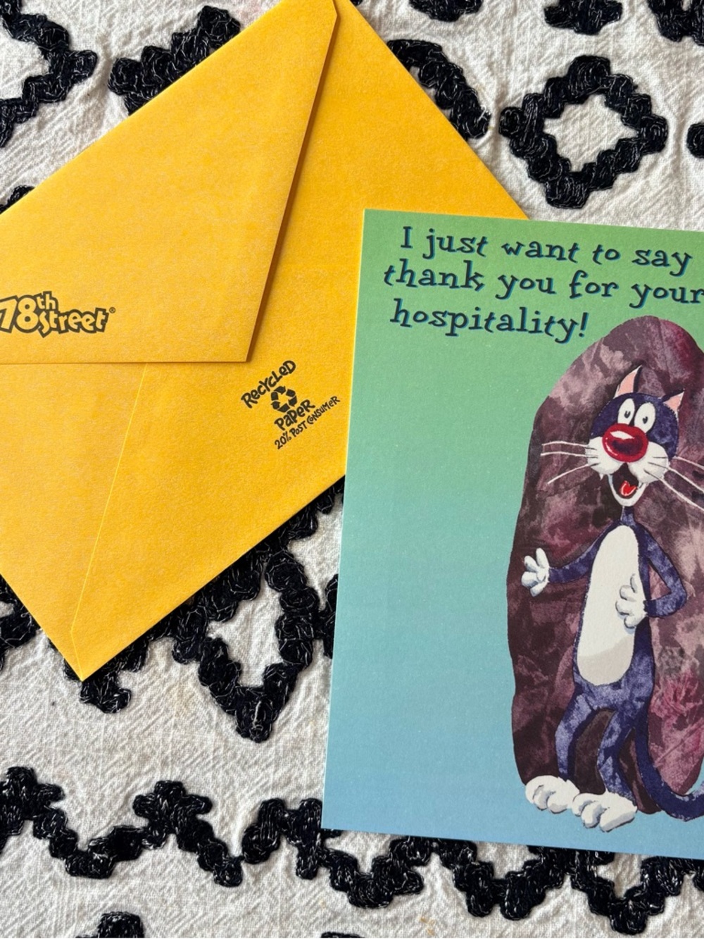 American Greetings 78th Street  Hositality Cat Thank You Card with envelope